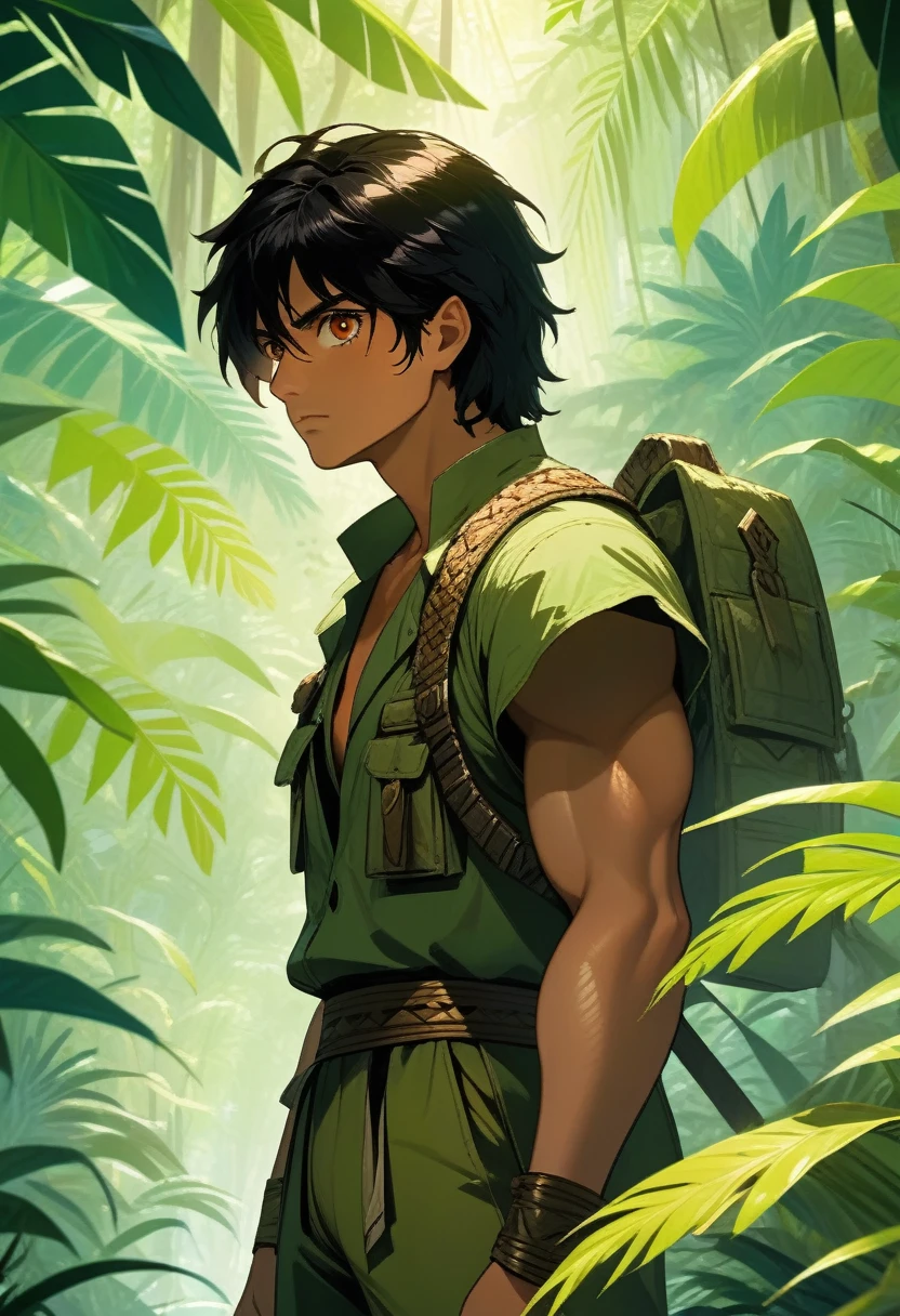 (masterpiece, best quality, vivid colors), A fighter in a jungle exploring the surroundings, 1man, Alone, adult, black hair, Brown eyes, very detailed eyes, combat clothing, intricate details, anime screencap, ( view from side), the background is a tropical jungle