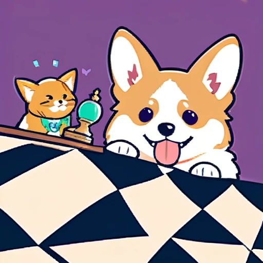 psychedelicstyle magic beamMake me a photo of cute corgi and cute cat playing chess.