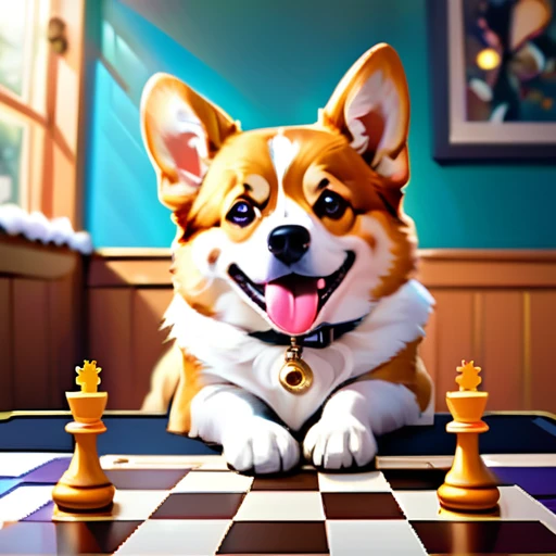psychedelicstyle magic beamMake me a photo of cute corgi and cute cat playing chess.