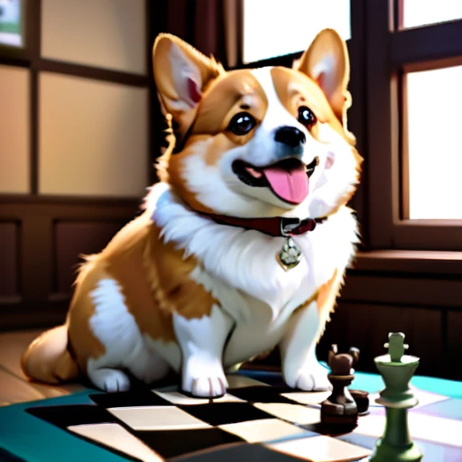 psychedelicstyle magic beamMake me a photo of cute corgi and cute cat playing chess.