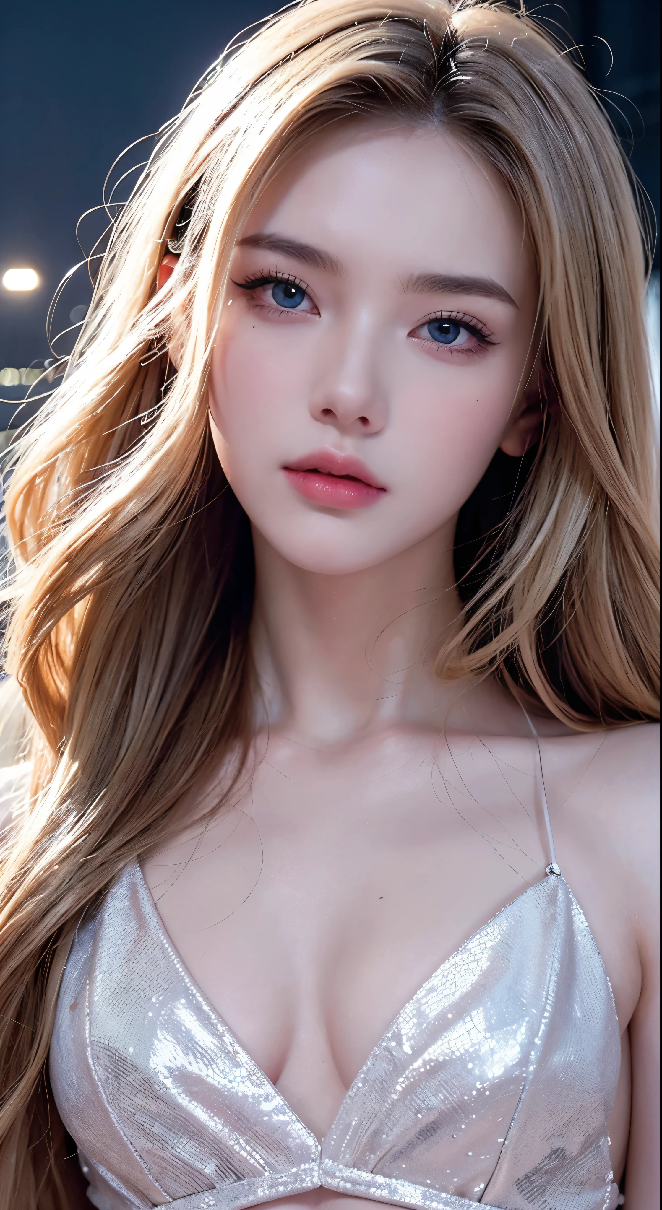 masterpiece, highest quality, (solo focus), (perfect face:1.1), (high detail:1.1), (hyper detailed eyes), dramatic, (1guy:0.5), (pale skin), long blonde hair, ethereal eyes, (light eyebrows), solo, long hair, Jordan Barrett, moon, night, white luxury suit, covered navel, pouty lips, fur, proud expression, futuristic city, detailed background, art by artgerm, cinematic lighting, roses, fashion, BalenciagaStyle