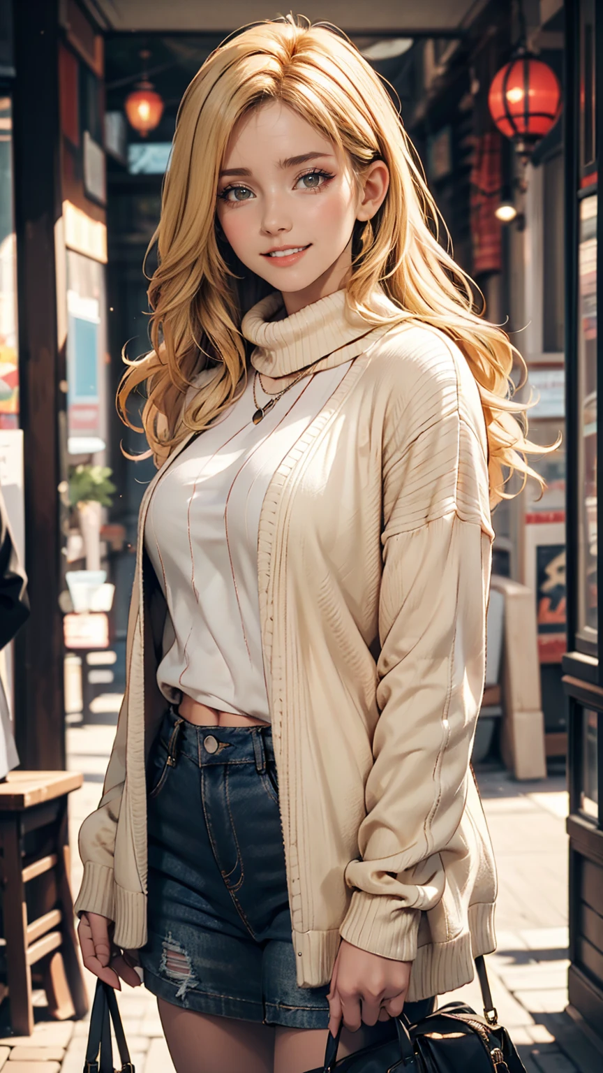 Portrait of blonde haired model woman wearing warm designer sweater, In the style of branded clothing, The sweater is completely visible, Panasonic GH5, Happy expression, A modest image, Sharp Texture - Image #2 @Slenslen、24-year-old woman、Sexy proportionature female body、Sexy proportionakeup、Textured skin((textured skin))、smile、Narrow waist、Inner Color((colored inner hair))、Vertical roll on one side((side drill))、Background blur((depth of field))、Aerial perspective((atmospheric perspective))