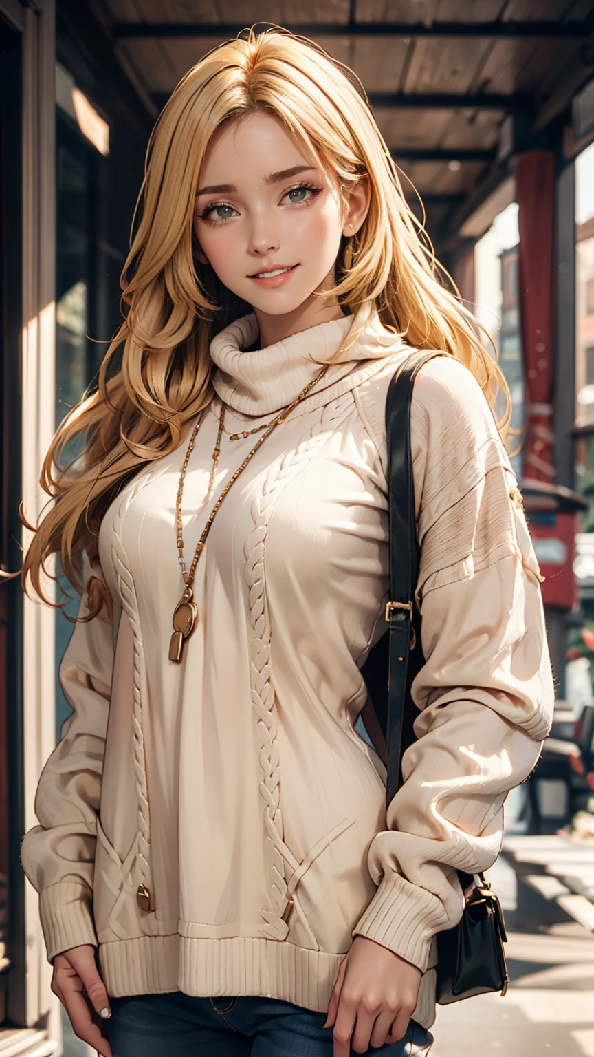 Portrait of blonde haired model woman wearing warm designer sweater, In the style of branded clothing, The sweater is completely visible, Panasonic GH5, Happy expression, A modest image, Sharp Texture - Image #2 @Slenslen、24-year-old woman、Sexy proportionature female body、Sexy proportionakeup、Textured skin((textured skin))、smile、Narrow waist、Inner Color((colored inner hair))、Vertical roll on one side((side drill))、Background blur((depth of field))、Aerial perspective((atmospheric perspective))
