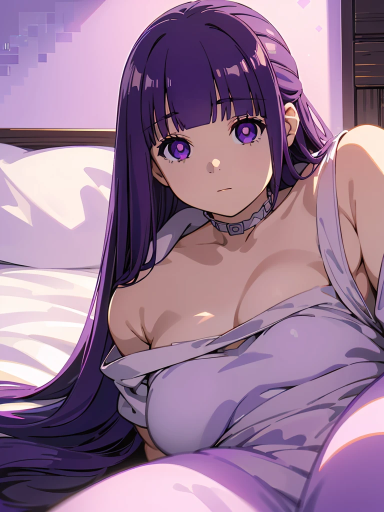 (((Pixel Perfect, Perfect detail))), One girl, alone, Fern, Long Hair, bangs, (Purple eyes:1.1), Purple Hair, Side Lock, blunt bangs, (Bright Eyes:1.5), Half Up, Lying in bed:1.3), (whole body:1.3)