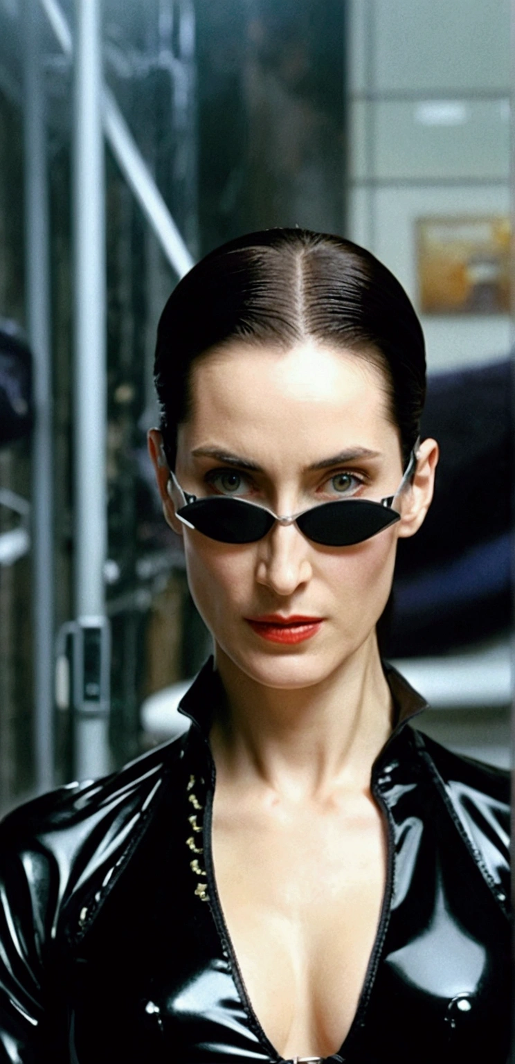 Trinity from the movie matrix. xxx. sexy. full body, lingerie. with small tight latex lingerie, full body closeup, full length cinematic shot. lingerie. sensual. sexy, background city of matrix. hyper realism. 8k. Photography, hyper realism. k. Photography (masterpiece, Super detail, High detail, Best Quality, 8k, Matrix film lighting