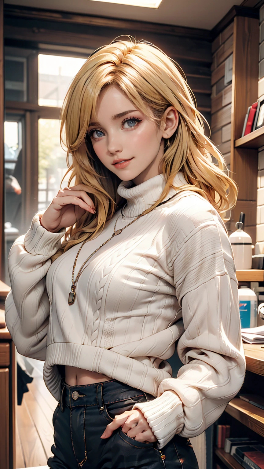 Portrait of blonde haired model woman wearing warm designer sweater, In the style of branded clothing, The sweater is completely visible, Panasonic GH5, Happy expression, A modest image, Sharp Texture - Image #2 @Slenslen、24-year-old woman、Sexy proportionature female body、Sexy proportionakeup、Textured skin((textured skin))、smile、Narrow waist、Inner Color((colored inner hair))、Vertical roll on one side((side drill))、Background blur((depth of field))、Aerial perspective((atmospheric perspective))