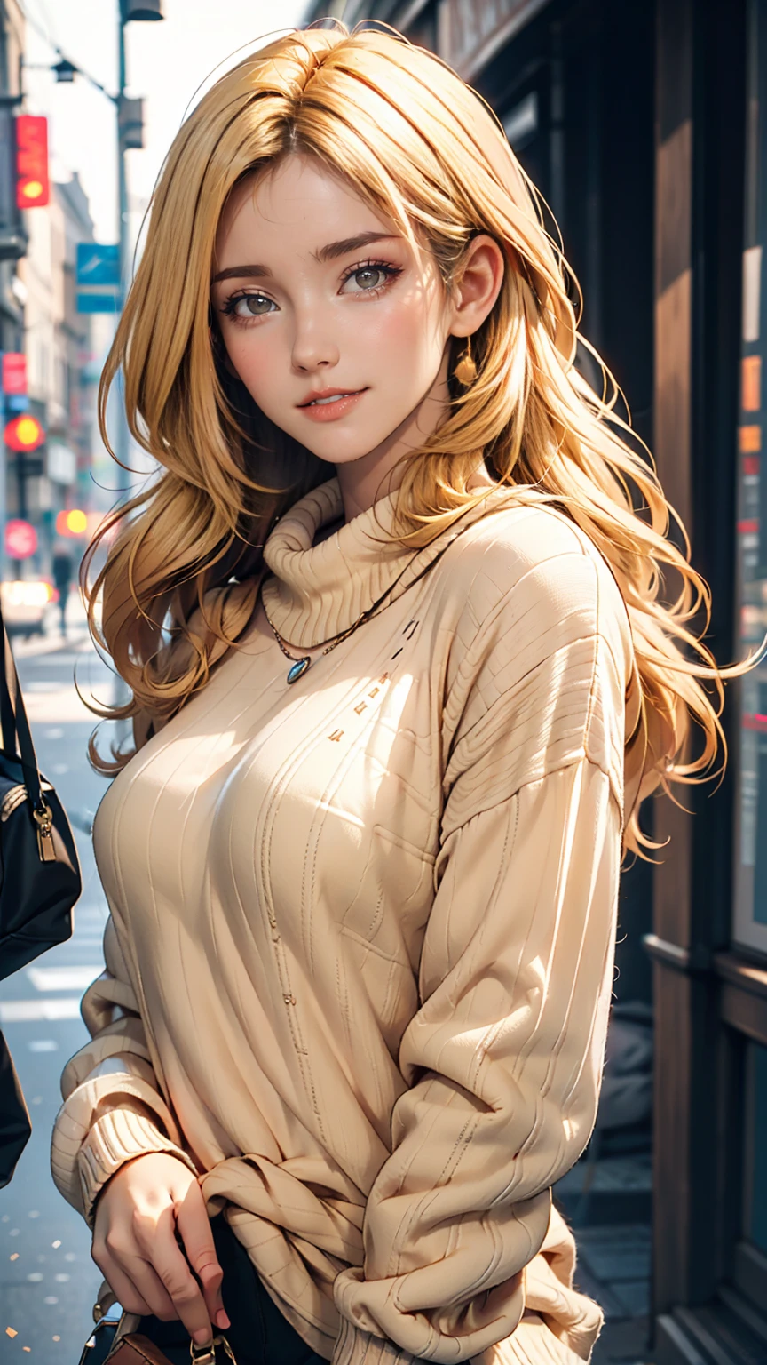 Portrait of blonde haired model woman wearing warm designer sweater, In the style of branded clothing, The sweater is completely visible, Panasonic GH5, Happy expression, A modest image, Sharp Texture - Image #2 @Slenslen、24-year-old woman、Sexy proportionature female body、Sexy proportionakeup、Textured skin((textured skin))、smile、Narrow waist、Inner Color((colored inner hair))、Vertical roll on one side((side drill))、Background blur((depth of field))、Aerial perspective((atmospheric perspective))