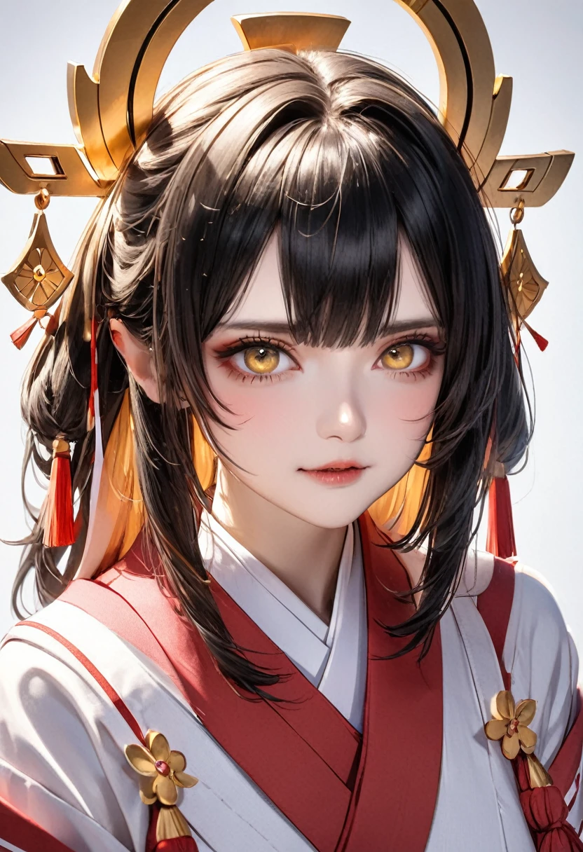 japanese miko black hair hime cut golden eyes