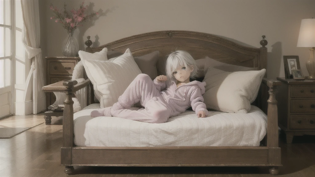 an anime image of a small boy with white hair wearing a thick diaper underneath fox footie-hoodie pjs, footie-hoodie pjs, sleeping in a crib, (indoors), nursery, (1boy), adorable, masterpiece, extremely detailed, beautiful eyes, sharp focus, vivid colors, studio lighting, intricate details, soft textures, cozy atmosphere, high quality, hood down,