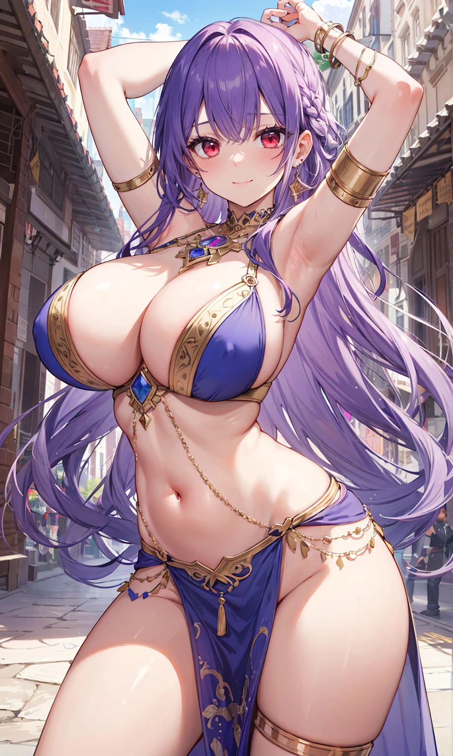 high quality, ultra detailed, best quality, insanely detailed, beautiful, masterpiece, 1girl, medieval plaza, cowboy shot, red eyes, long hair, purple hair, belly dancer, circlet, earrings, armlets, bracelets, bashful smile, large breasts, cleavage, soft stomach