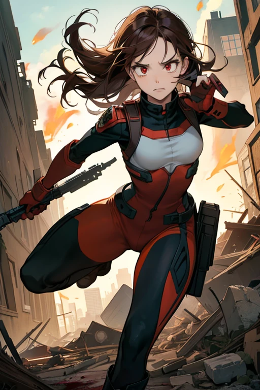 my hero academia style, a girl with red eyes, Brown hair, small breasts, challenging and serious look, dead in rubble, with blood, two arms, two legs, with his black and red suit, He has high military boots with green and orange touches, you will see tears in your eyes, super detailed a masterpiece