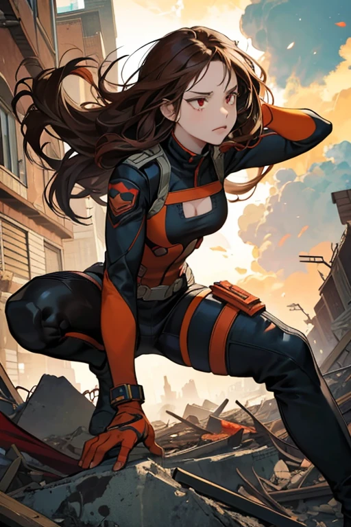 my hero academia style, a girl with red eyes, Brown hair, small breasts, challenging and serious look, dead in rubble, with blood, two arms, two legs, with his black and red suit, He has high military boots with green and orange touches, you will see tears in your eyes, super detailed a masterpiece 