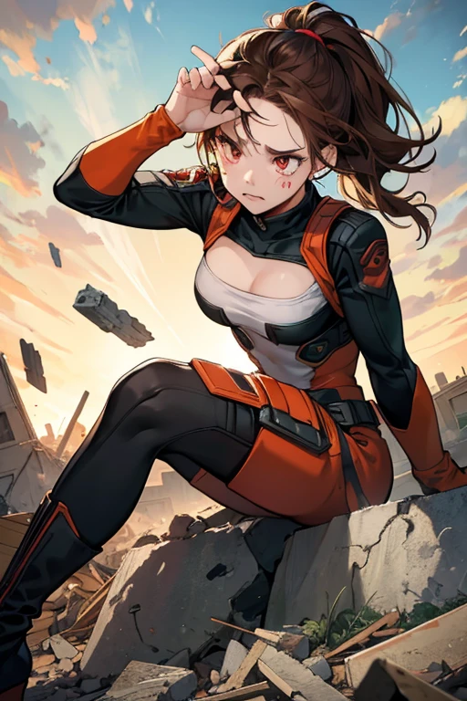 my hero academia style, a girl with red eyes, Brown hair, small breasts, challenging and serious look, dead in rubble, with blood, two arms, two legs, with his black and red suit, He has high military boots with green and orange touches, you will see tears in your eyes, super detailed a masterpiece
