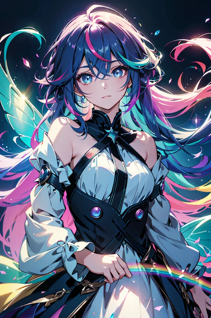 Colorful hair and rainbow eyes,Beautiful as a fairy,A melancholic look that stirs affection,Floating Hair,Particles of light,Glare,Vivid,Fancy,dream-like,Gaze, High resolution, masterpiece, Highest quality, High detail, 
