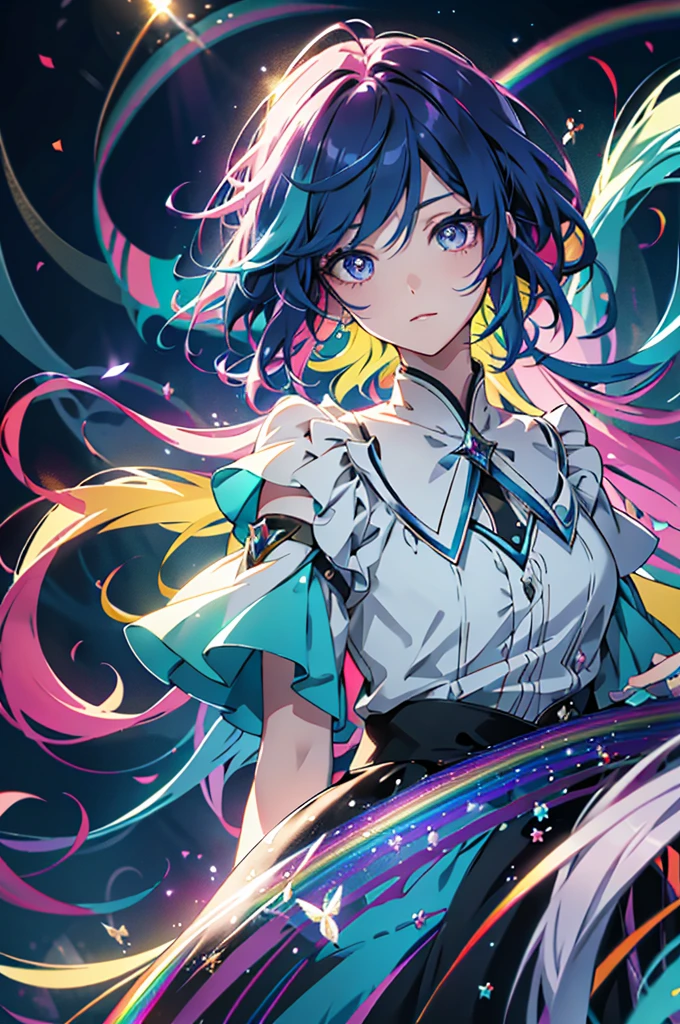 Colorful hair and rainbow eyes,Beautiful as a fairy,A melancholic look that stirs affection,Floating Hair,Particles of light,Glare,Vivid,Fancy,dream-like,Gaze, High resolution, masterpiece, Highest quality, High detail,