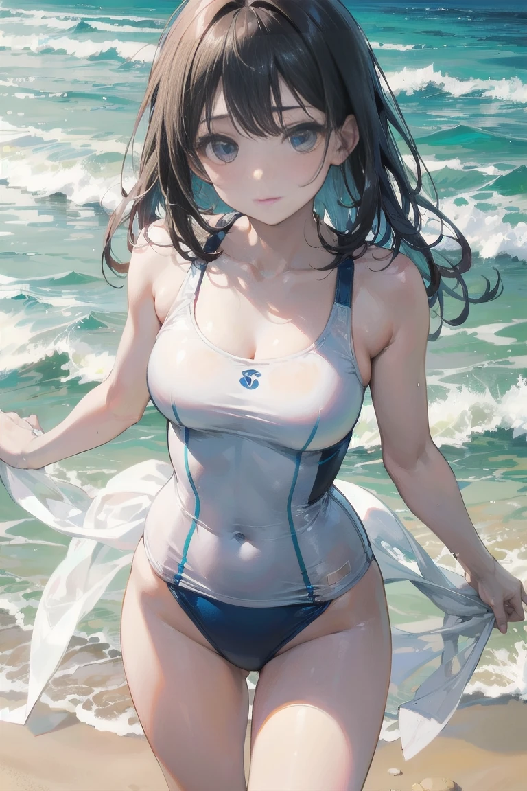 high quality、最high quality、Ultra-high resolution、Slender beauty、White color swimsuit、Embarrassed look、Droopy eyes、crack、Sandy Beach