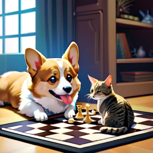 psychedelicstyle magic beamMake me a photo of cute corgi and cute cat playing chess.