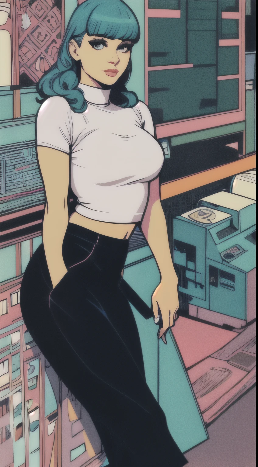 (work of art, best qualityer), beautfull woman, high neck printed cropped shirt, overskirt, Wavy hair, hypdertailed, asymmetrical bangs, face perfect, beautiful face, appealing, big gorgeous eyes, soft smiling, perfect slim fit body, City streets, (open air), alone, shiny colors, (Risography)
