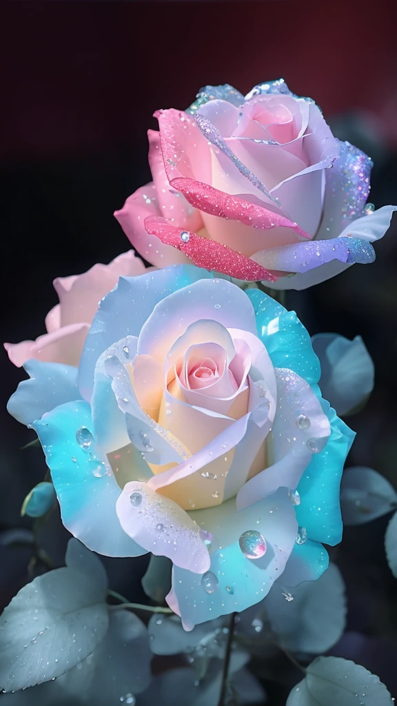 There are two roses in the darkness,There are water droplets on it, magical colorful flowers, pastel roses, Glowing flowers, Magical flowers, blue and pink, translucent roses ornate, colored flowers, Luminous flowers, rosses, beautiful colorful, pink and blue color, colorful hd picure, beautiful iphone wallpaper, rosette, roses in cinematic light, Beautiful flowers, pretty colors Sprinkled with hearts