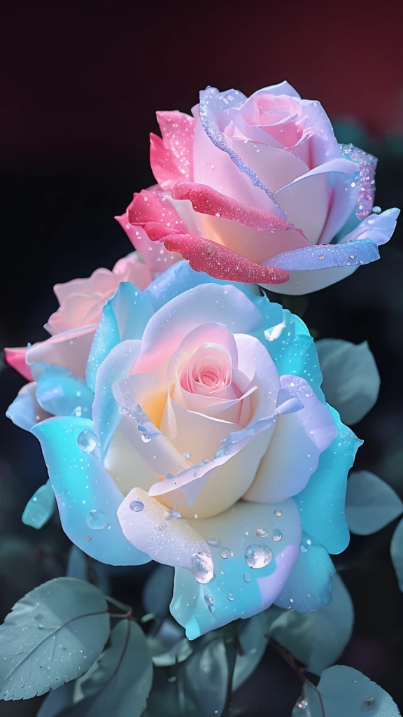 There are two roses in the darkness,There are water droplets on it, magical colorful flowers, pastel roses, Glowing flowers, Magical flowers, blue and pink, translucent roses ornate, colored flowers, Luminous flowers, rosses, beautiful colorful, pink and blue color, colorful hd picure, beautiful iphone wallpaper, rosette, roses in cinematic light, Beautiful flowers, pretty colors Sprinkled with hearts