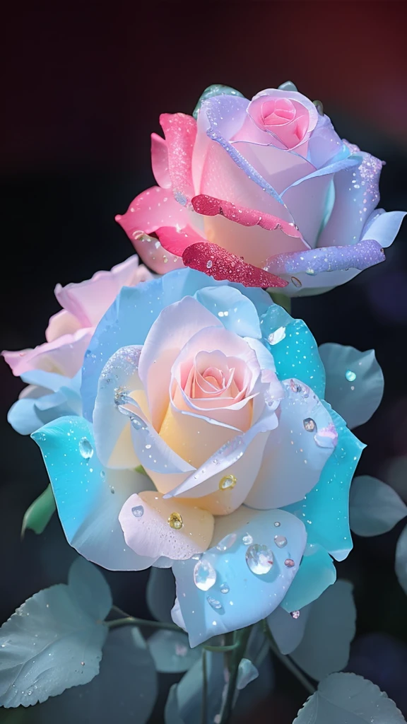 There are two roses in the darkness,There are water droplets on it, magical colorful flowers, pastel roses, Glowing flowers, Magical flowers, blue and pink, translucent roses ornate, colored flowers, Luminous flowers, rosses, beautiful colorful, pink and blue color, colorful hd picure, beautiful iphone wallpaper, rosette, roses in cinematic light, Beautiful flowers, pretty colors Sprinkled with hearts