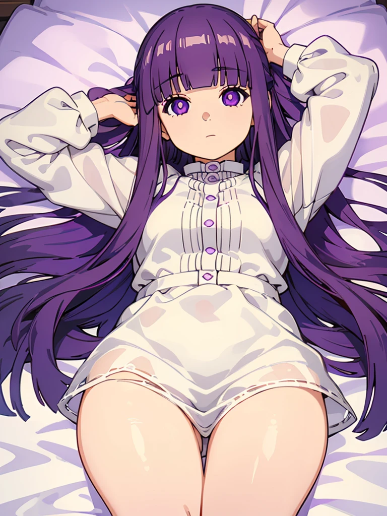 (((Pixel Perfect, Perfect detail))), One girl, alone, Fern, Long Hair, bangs, (Purple eyes:1.1), Purple Hair, Side Lock, blunt bangs, (Bright Eyes:1.5), Half Up, Lying in bed:1.3), (whole body:1.3)