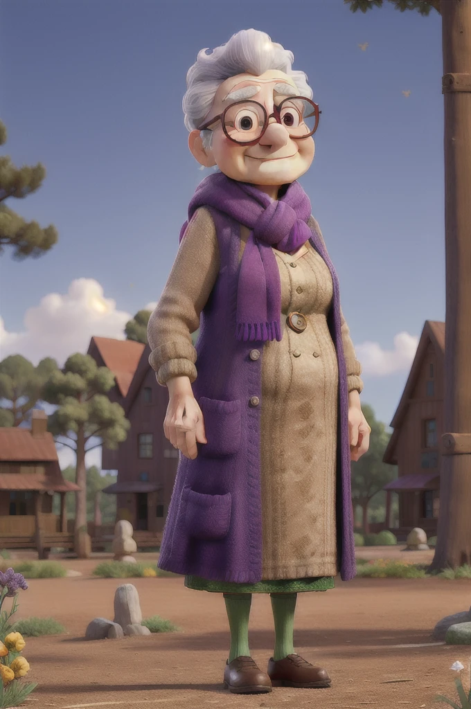 masterpiece, best quality, an old woman with glasses and a scarf on, wearing a purple coat and green scarf, standing at the park