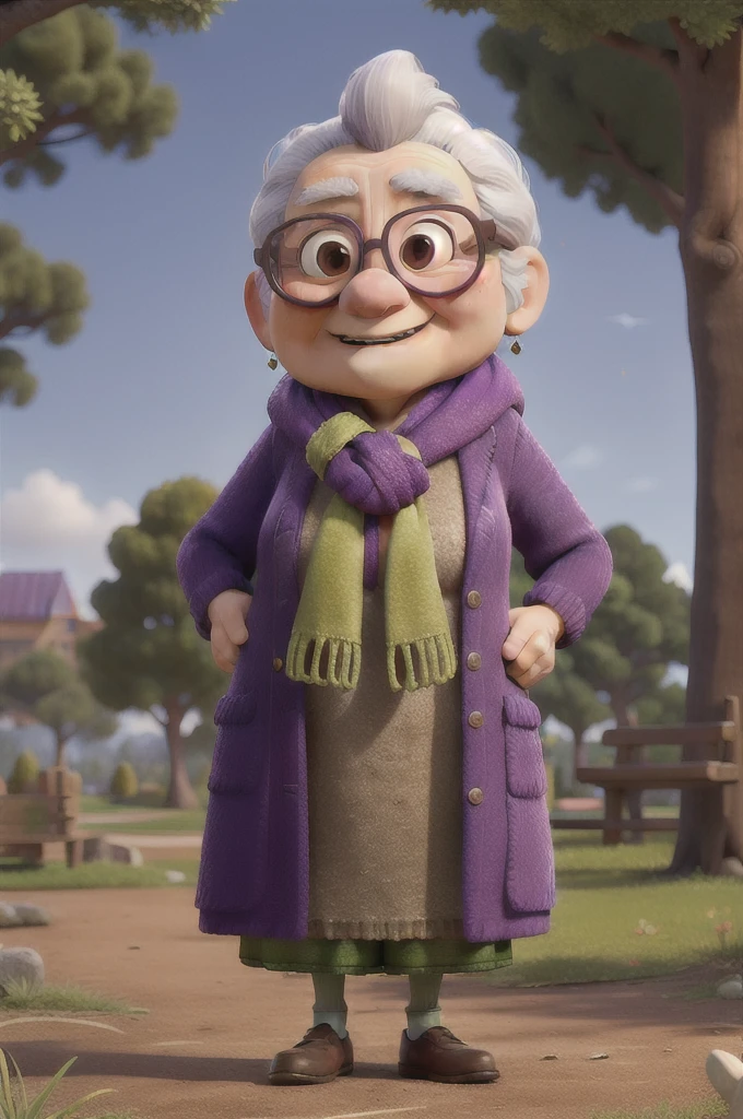 masterpiece, best quality, an old woman with glasses and a scarf on, wearing a purple coat and green scarf, standing at the park