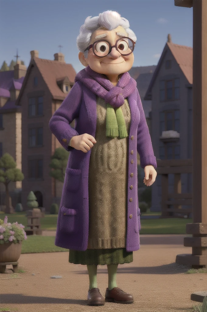 masterpiece, best quality, an old woman with glasses and a scarf on, wearing a purple coat and green scarf, standing at the park