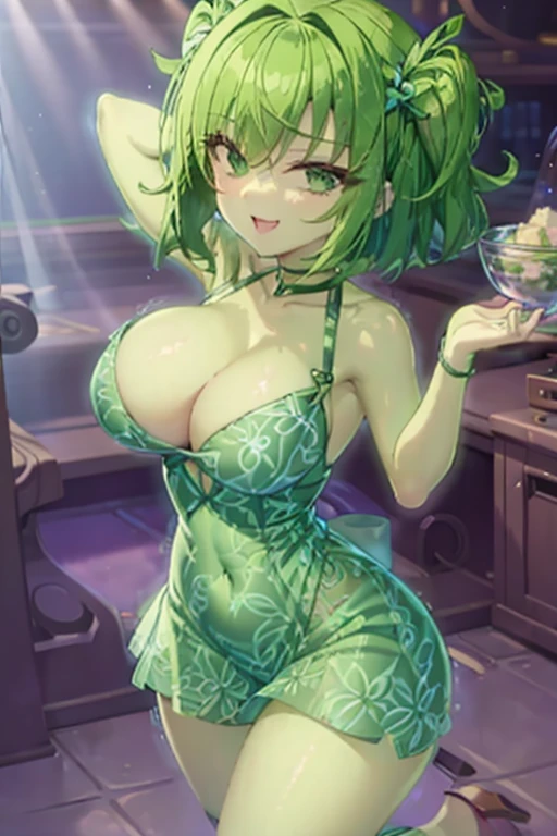 Super beautiful green short hair girl, defined body, Wide hips, , thin waist, big butt, looking at the viewer, short green tight dress, sex pov, excited face, flushed 