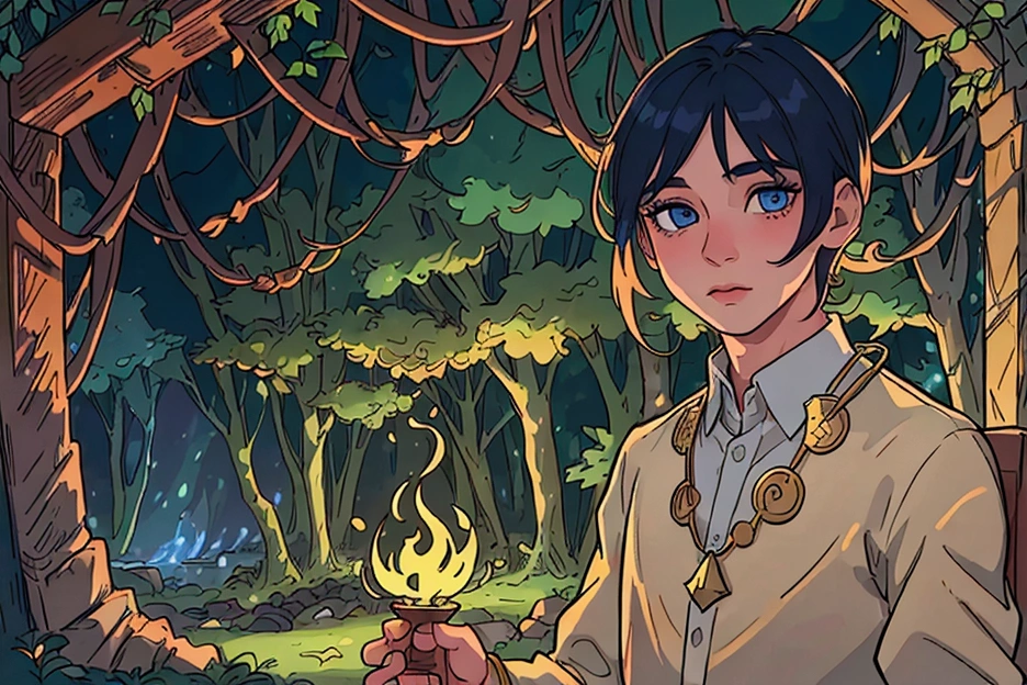 a boy in a magical forest, detailed face with beautiful eyes, long eyelashes, detailed lips, mesmerizing expression, flowing dress, ethereal atmosphere, warm golden sunlight, vivid colors, intricate details, fantasy landscape, ancient ruins, lush greenery, magical flora and fauna, cinematic lighting, hyper realistic, 8k, ultra detailed, masterpiece, concept art