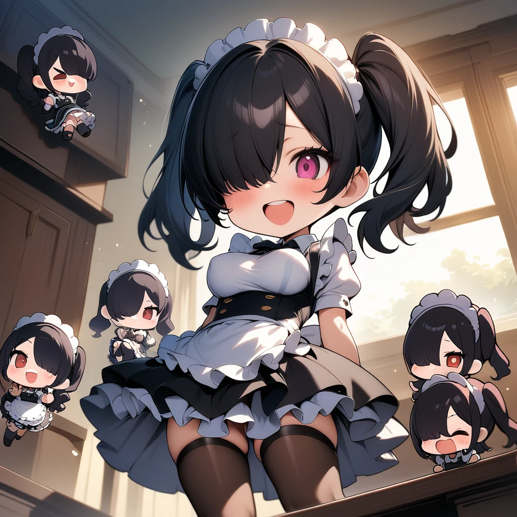 (masterpiece,best quality,very aesthetic),(ultra-detailed),super-fine illustration,high saturation,nsfw,1girl,(chibi,Character of acrylic stand:1.4),10yo,curvy,large breasts,twintails,hair over one eye,black hair,(maid clothes,frilled skirt,maid apron),cheerful,happy,excited,lauching