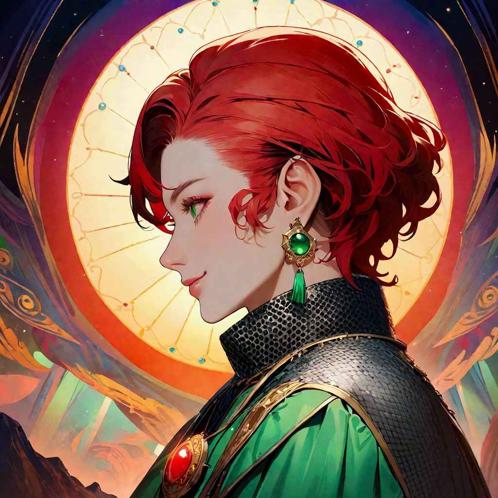 Strong and sturdy man, medium red hair, green eyes, chainmail, green earrings, sun amulet, cleric's robe, calm expression, calm smile"dnd character portrait, insanely detailed, 4k resolution, high-octane rendering, boasting high-resolution clarity, magical and intricate backgrounds, dramatic and stunning lighting, packed with creative details, profile picture, disco elysium style –s 750 –v 5.1"
