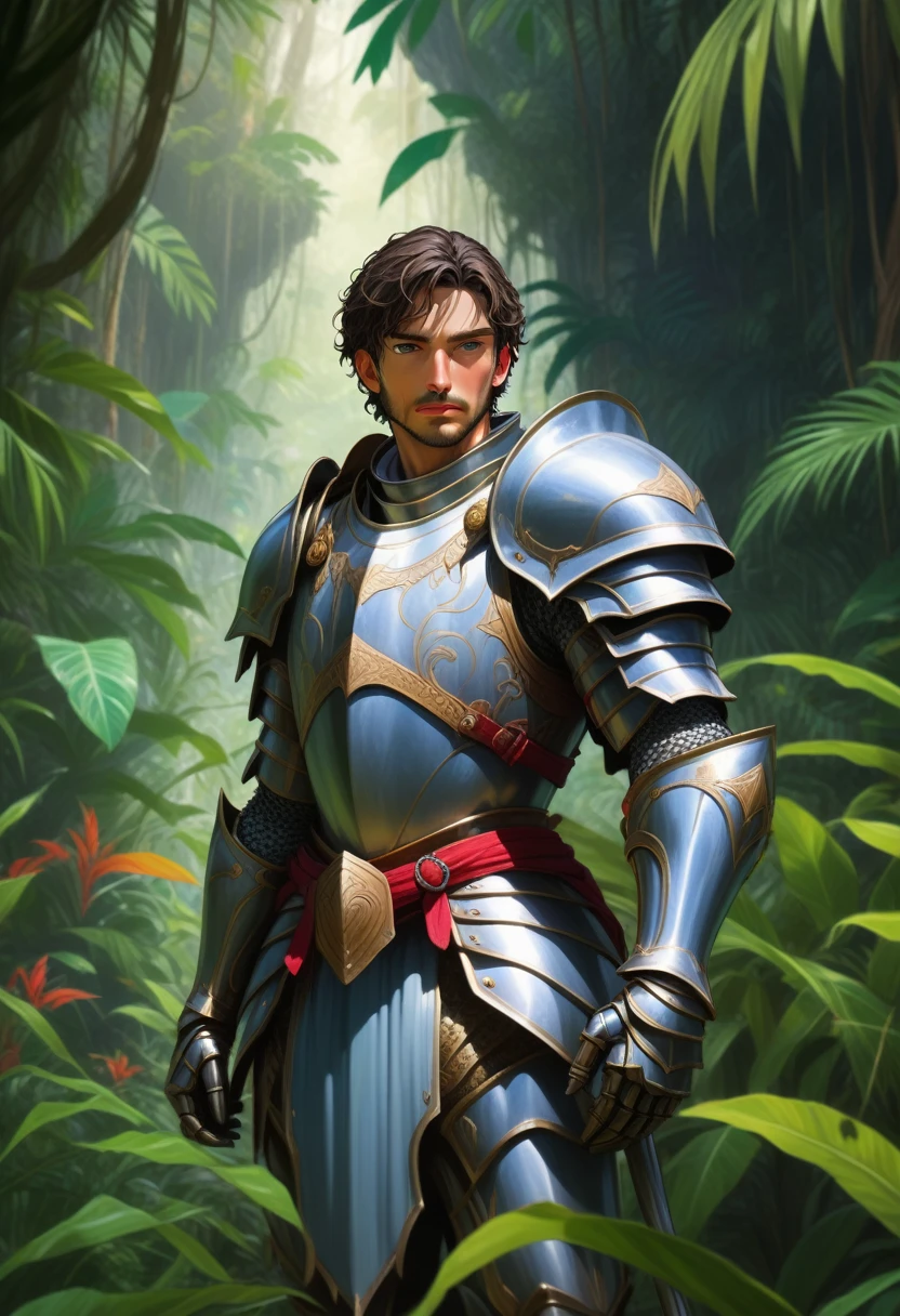 (masterpiece, best quality, vivid colors), A gladiator walking through the jungle exploring the surroundings, 1man, Alone, very detailed eyes, intricate details, anime screencap, full body shot, ( view from side:1.2), the background is a tropical jungle
