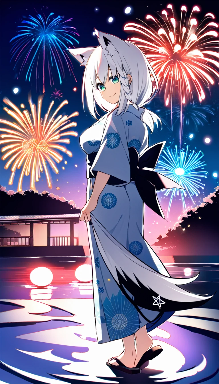 one girl, Shirakami Fubuki, fox ears, white hair, yukata, beautiful, cute, fireworks, Japanese summer festival, look back on me, happy, full body