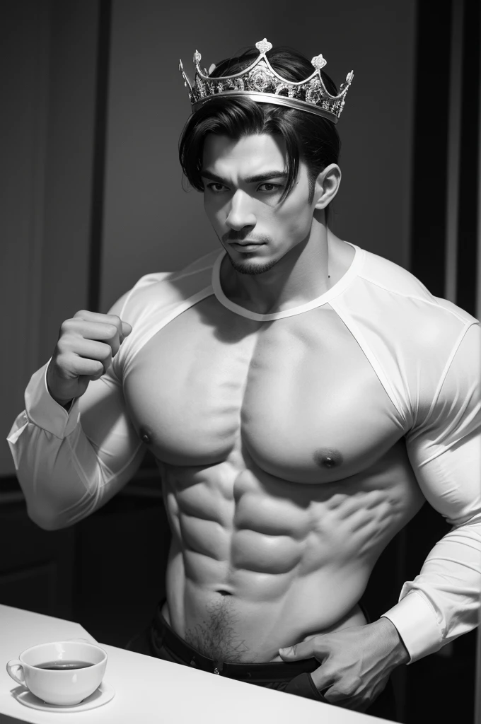 The bodybuilder king, with crown and long sleeve shirt without clothing sexuality