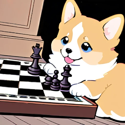 psychedelicstyle magic beamMake me a photo of cute corgi and cute cat playing chess.