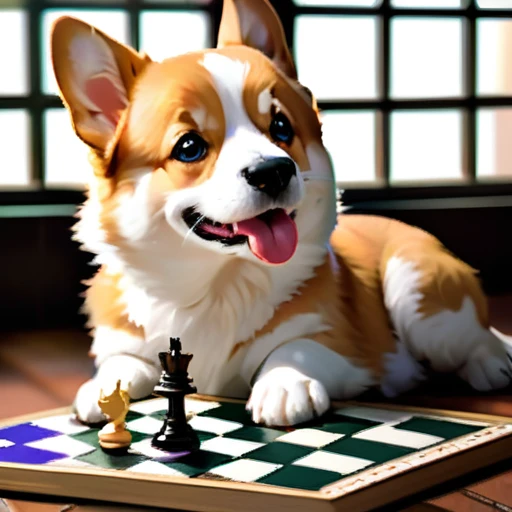 psychedelicstyle magic beamMake me a photo of cute corgi and cute cat playing chess.