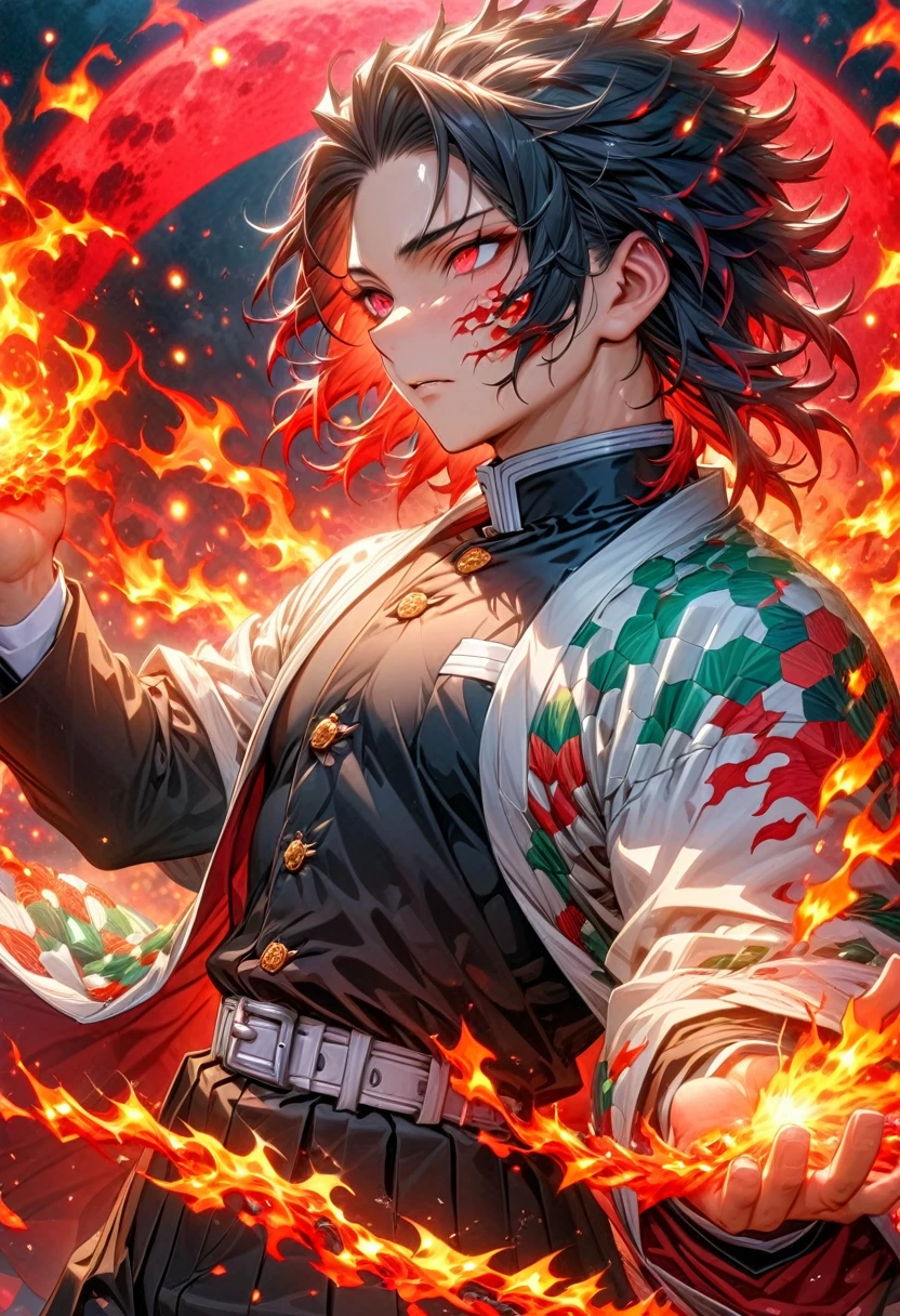 Ultra detailed, highres, absurdres, HDR, master piece, male demon slayer, medium length black hair, expressive red eyes, white haori with patters of flames, black demon slayer uniform, Kimetsu No Yaiba, fantasy, handsome, sexy man, solo, magic, shining red fireflies, best quality, extremely detailed face and eyes, fire, red moon