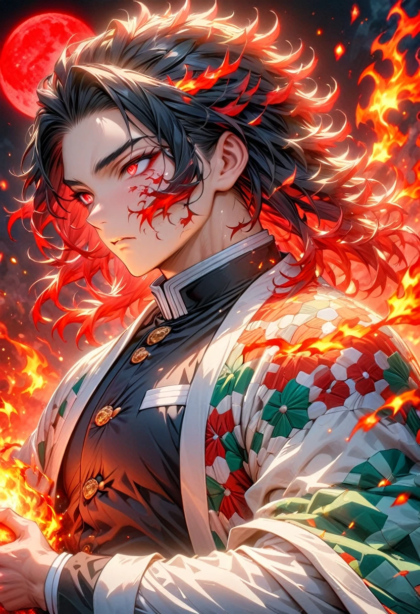 Ultra detailed, highres, absurdres, HDR, master piece, male demon slayer, medium length black hair, expressive red eyes, plain white haori with patters of flames, black demon slayer uniform, Kimetsu No Yaiba, fantasy, handsome, sexy man, solo, magic, shining red fireflies, best quality, extremely detailed face and eyes, fire, red moon