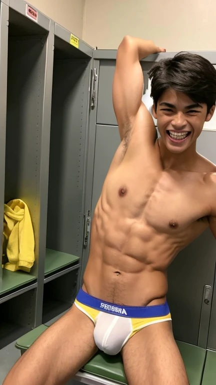 Japanese men、14 years old、Muscles and smooth skin、Very short black hair、A relaxed and friendly smile、Italian yellow thin boxer briefs、The whole body is well visible、Fist pump in the locker room、Laughing with mouth open、Sitting