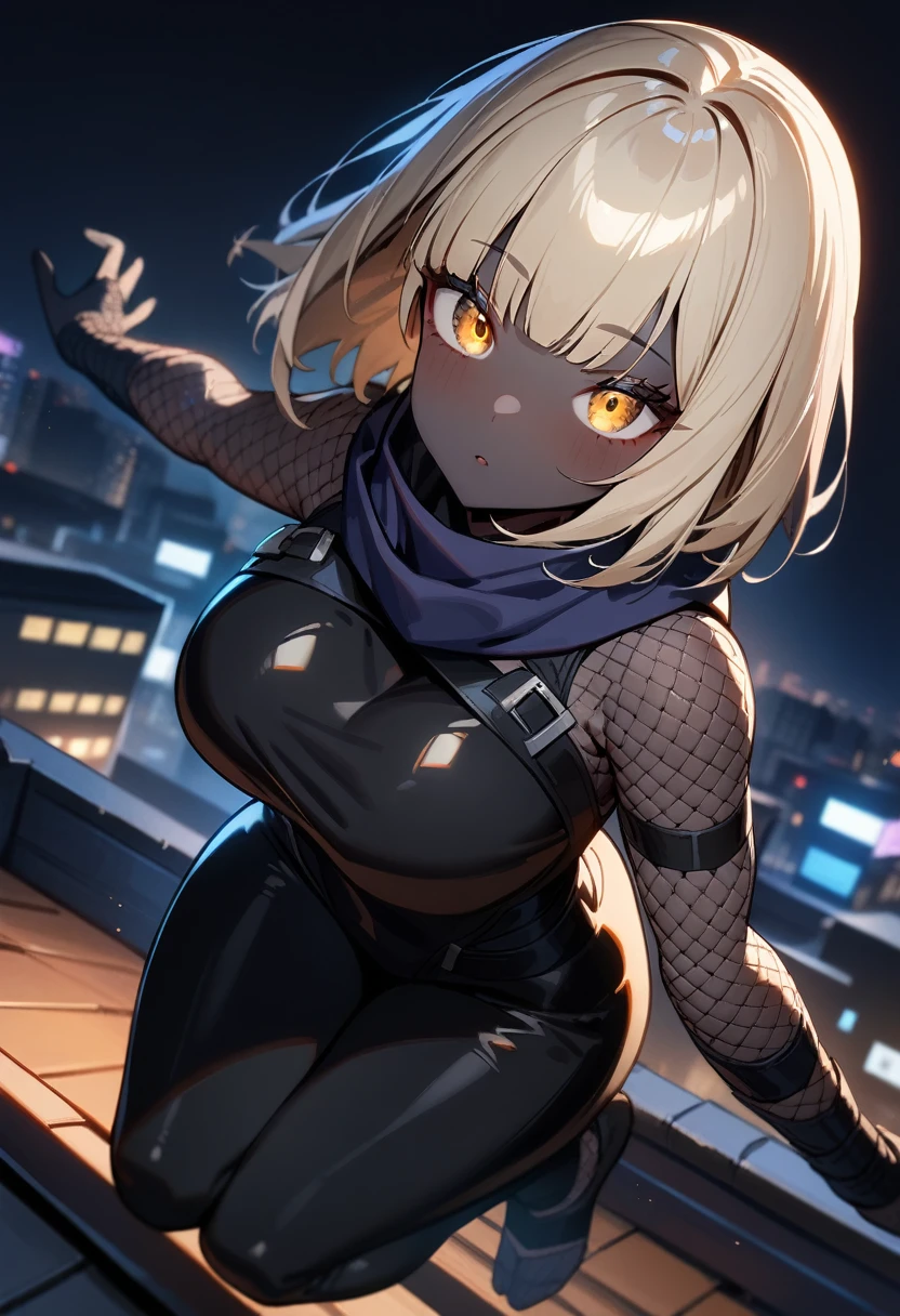 1girl,solo,super detailed skin,shiny skin,black skin,tanned skin,natural face,pale blonde hair,short hair,blunt bangs, detailed eyes,eyelashes,large breasts,fullbodysuit,fishnet arms,ninja clothes ,jumping ,night rooftop ,wide shot,masterpiece,best quality,ultra detailed,high resolution,sharp focus
