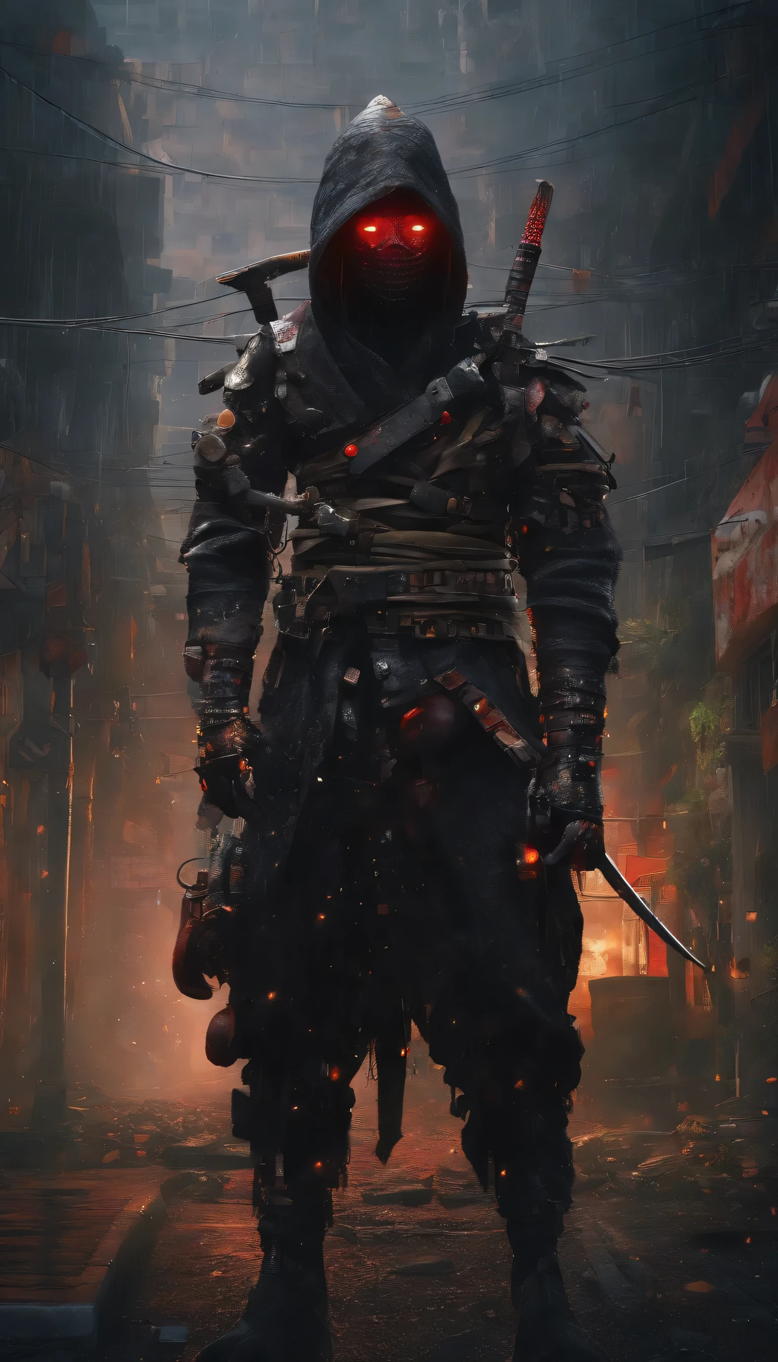 ninja shinobi cyberpunk cyborg robot .sitting on a tree branch.big thighs, at night, yasuke.Ninja wearing a hat. Cyborg shinobi. Red eyes, devil mask, rain. The dark night. Equipped with Sword at the back. Katana is in the back. Robots. Gear. screws. lamp. wire in the back. Catch monsters in alley.real. Tokyo. UE5 CGI