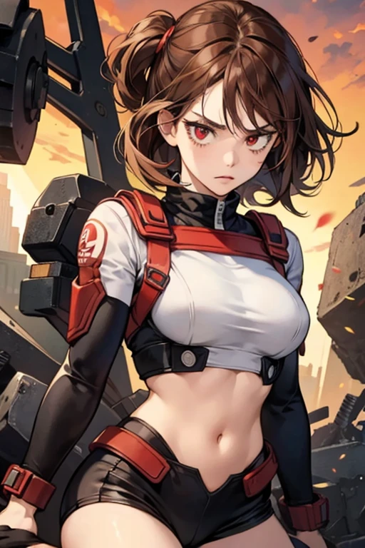 my hero academia style, a girl with red eyes, Brown hair, small breasts, challenging and serious look, being ????? by All migth