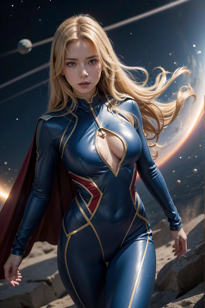 a beautiful girl in a traditional blue superhero suit with a red cape, flying in space with planets in the background, detailed facial features, flowing blonde hair, dynamic action pose, smooth curves, (best quality,4k,8k,highres,masterpiece:1.2),ultra-detailed,(realistic,photorealistic,photo-realistic:1.37),cinematic lighting,dramatic atmosphere,hyperrealistic,digital art
