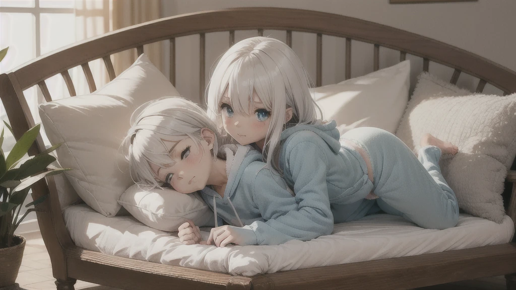 an anime image of a small boy with white hair wearing a thick diaper underneath fox footie-hoodie pjs, footie-hoodie pjs, sleeping in a crib, nursery, (1boy), adorable, masterpiece, extremely detailed, beautiful eyes, sharp focus, vivid colors, studio lighting, intricate details, soft textures, cozy atmosphere, high quality, hood down,