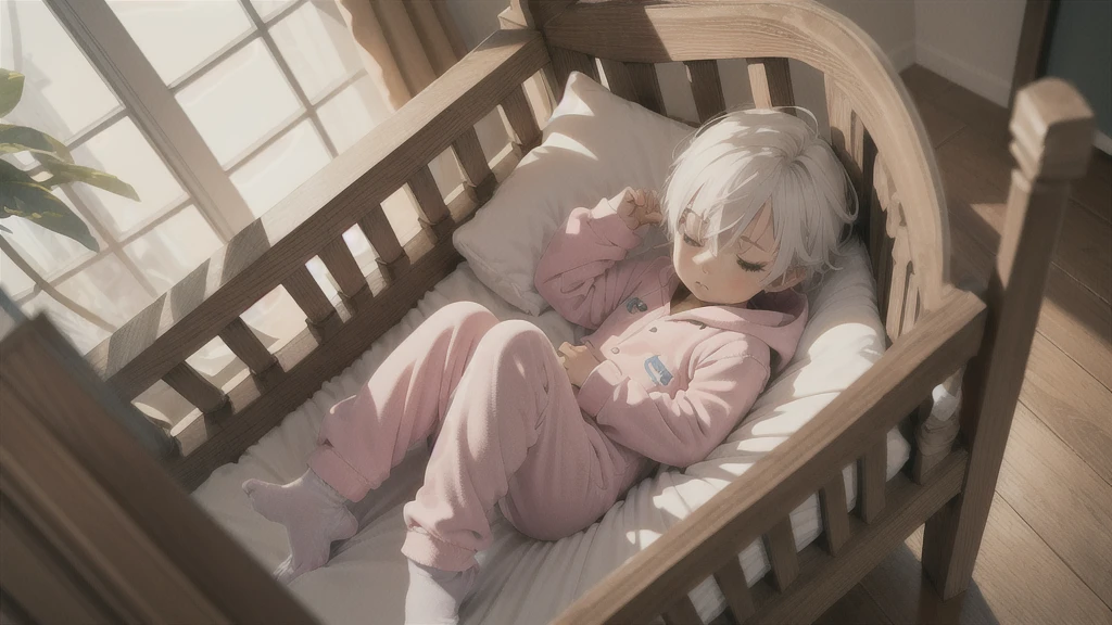 an anime image of a small boy with white hair wearing a thick diaper underneath fox footie-hoodie pjs, footie-hoodie pjs, sleeping in a crib, nursery, (1boy), adorable, masterpiece, extremely detailed, beautiful eyes, sharp focus, vivid colors, studio lighting, intricate details, soft textures, cozy atmosphere, high quality, hood down,
