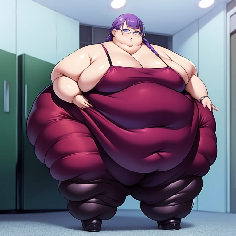 Anime Women, Adult female、Detailed face、amount、amount、Braided Pigtails、Purple Hair、Long Hair、Glasses、Sharp eyes、Thick lips、Purple Lipstick、Painted lips、Very fat、Chubby、obesity、obesity body、Double chin、Cheek、Thick neck、Ginormous Breasts、Extremely Saggy breasts、Thick upper arms、Thick arms、thick fingers、Fat belly、Flabby belly、Flabby belly fat、Thick legs、BIG ASS、Brown bodysuit、Full body tights、Standing with your legs apart