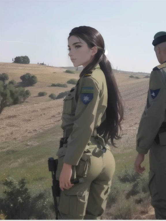 araffes in uniform standing in a field with a camera, hila klein, wearing military outfit, israel, waist, tight ass - shot, viewed from behind, seen from behind, military girl, looking from behind, seen from the side, beautiful female soldier, beautiful jewish woman, yael shelbia, soldier girl, side view, view from behind, in full military garb