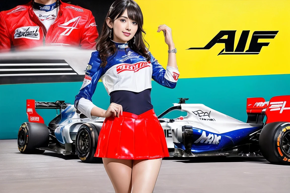 (masterpiece), ( MotoGP Racing Girls), (eyeliner:0.5),(blush:0.5), Black Hair, A faint smile, beautifully繊細な少女を指す, Highly detailed eyes and face, beautifully繊細な目, , ((Event List)), (MotoGP track background), (Highest quality, High resolution, reality, original, 8k,masterpiece, ),(((Dynamic pose))),(((Center Perspective))),(((Show the underside of the chest ))),(((Red miniskirt lift))),(((Bare inner thighs))),(((F1 cars on display))), (Vibrant colors:1.2), (beautifully),